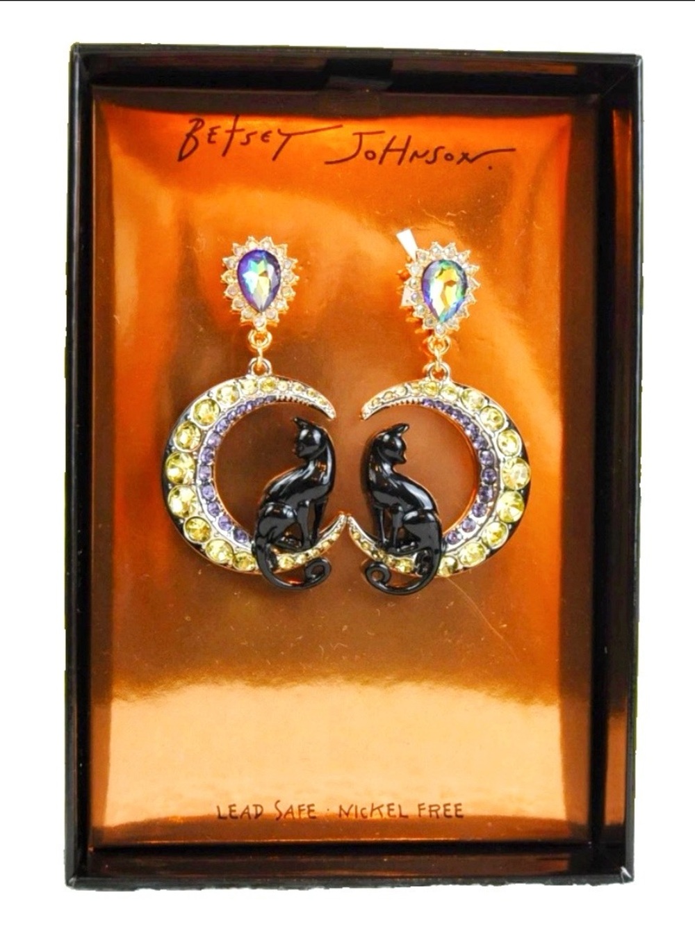 Betsey Johnson Black Cat Crescent Moon Earrings with Iridescent Crystals